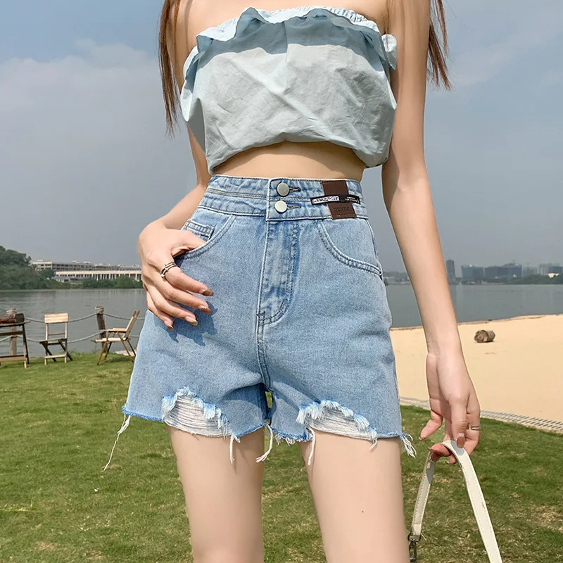 2023 Summer American Simple Denim Shorts Women's New Summer High Waist Loose A-line Slim Wide Leg Fur Hem Pants