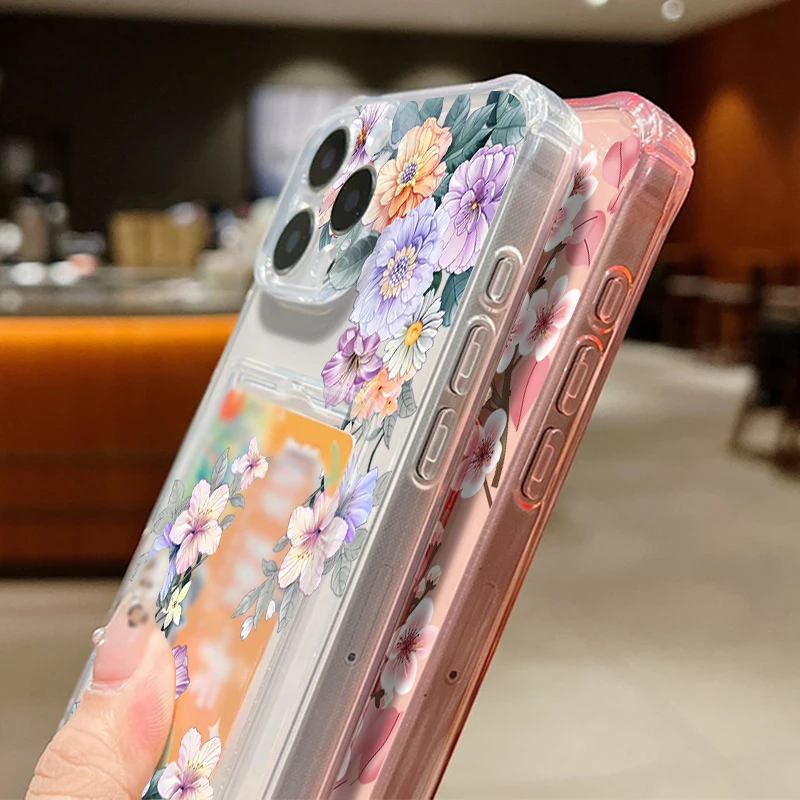 Floral Shockproof Clear TPU Phone Cover with Card Slot Pocket