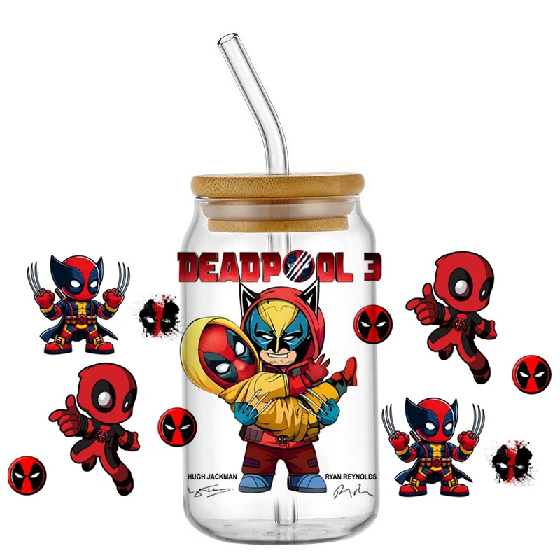 Minoso Cartoon Funny Deadpool UV DTF Decal Wolverine Wrap For 16oz Libbey Glass Can Cup uvdtf Coffee Car Sticker