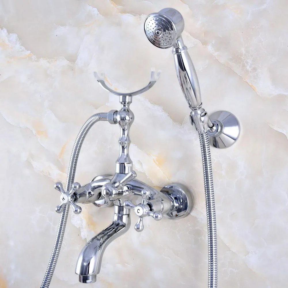 

Polished Chrome Brass Wall Mounted Bathroom Clawfoot Tub Faucet Mixer Tap Telephone Shower Head Dual Cross Handles ana757