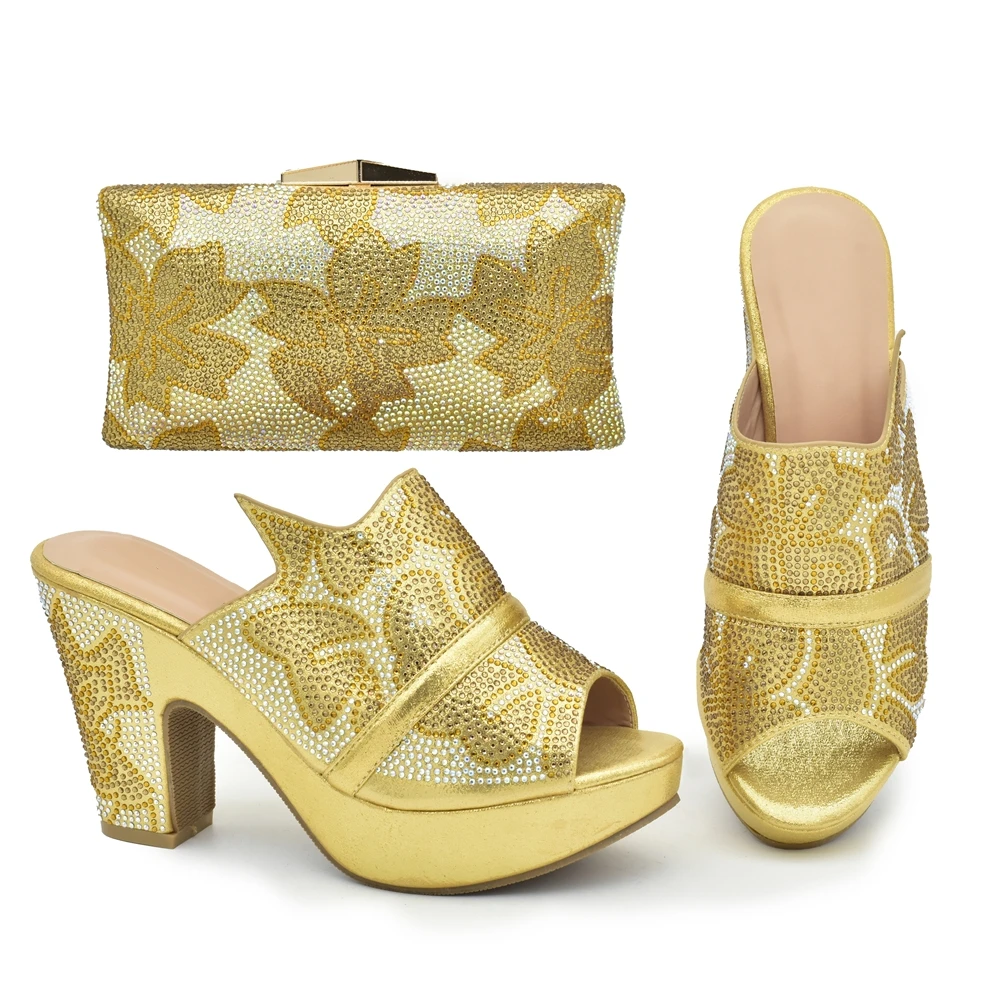 

New Arrivals Nigerian Women Shoes and Bag To Match In Gold Color Specials Design Italian Pumps for Wedding Nigerian Party Pumps
