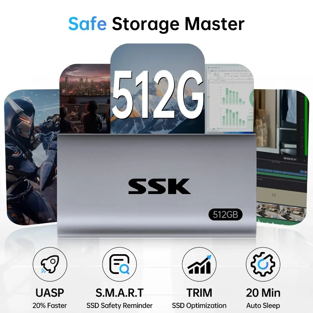 SSK 외장 하드 드라이브 휴대용 알루미늄 케이스 최대 550MB/s 고속 솔리드 스테이트 드라이브 USB 3.2 Gen2 SSD 아이폰 맥 노트북용
