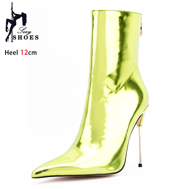 Shine Blue Mirror Women Boots Sexy Stilettos Pointed Toe Ladies Fashion Runway Booties Candy Color High Heels Side Zipper Bootie