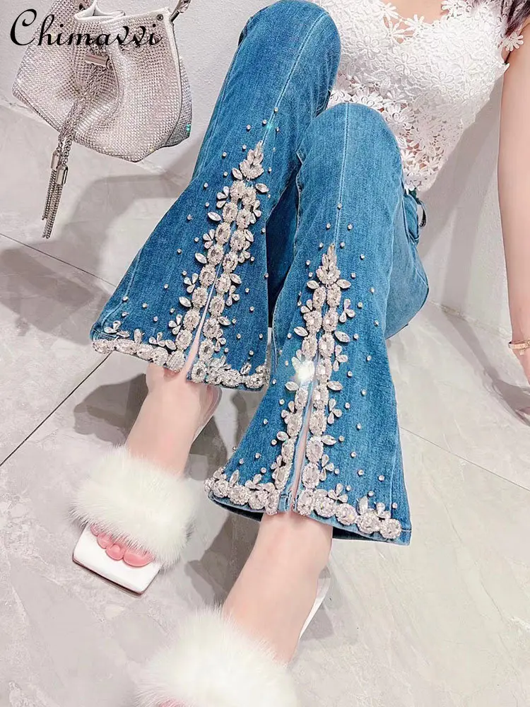 

Jeans Women's 2022 Autumn New Sweet Heavy Luxury Rhinestone Slit Hemline At Hem High Waist Slimming Bootcut Trousers Fashion