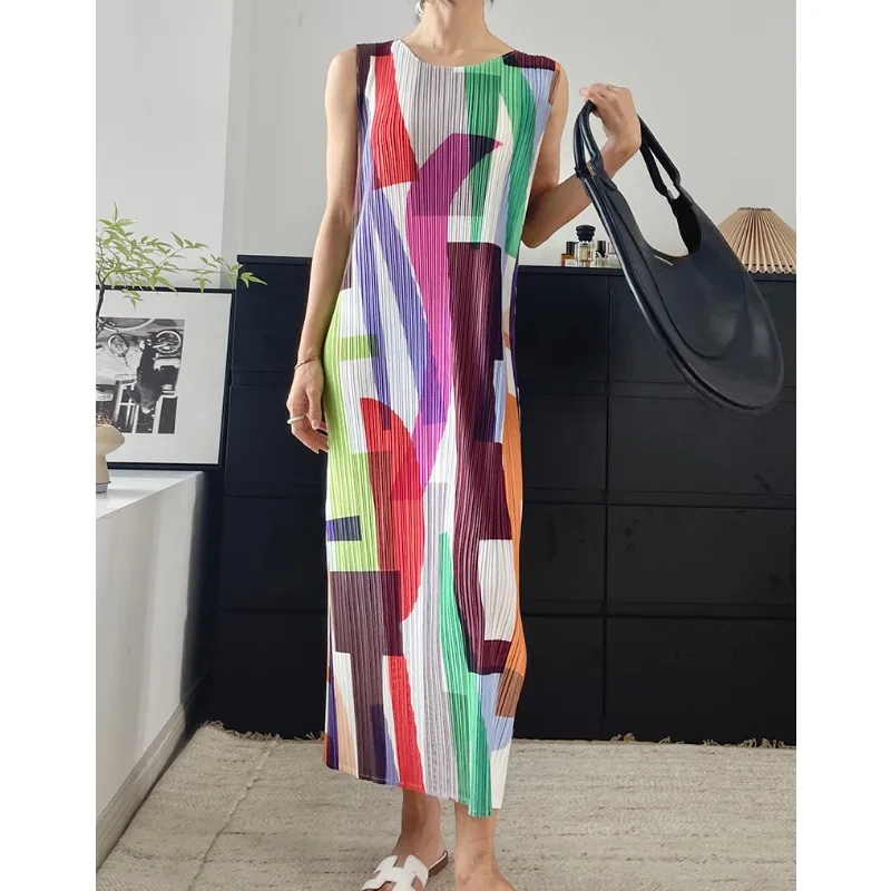 

Miyake Pleated Fashion Geometric Printed Sleeveless Dress Loose and Comfortable Japanese Summer Casual Dress Women