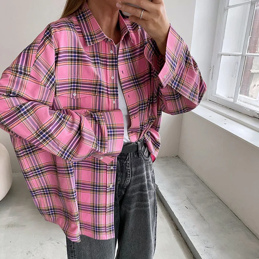 

Retro classic plaid shirt, fashionable new pink plaid top