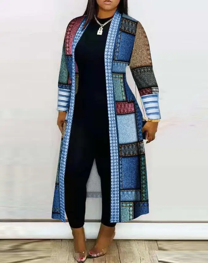 

2023 New Hot Selling Autumn Winter Women's Oversized Clothing Print Open Front Longline Coat Woman Fashion Casual Windbreaker