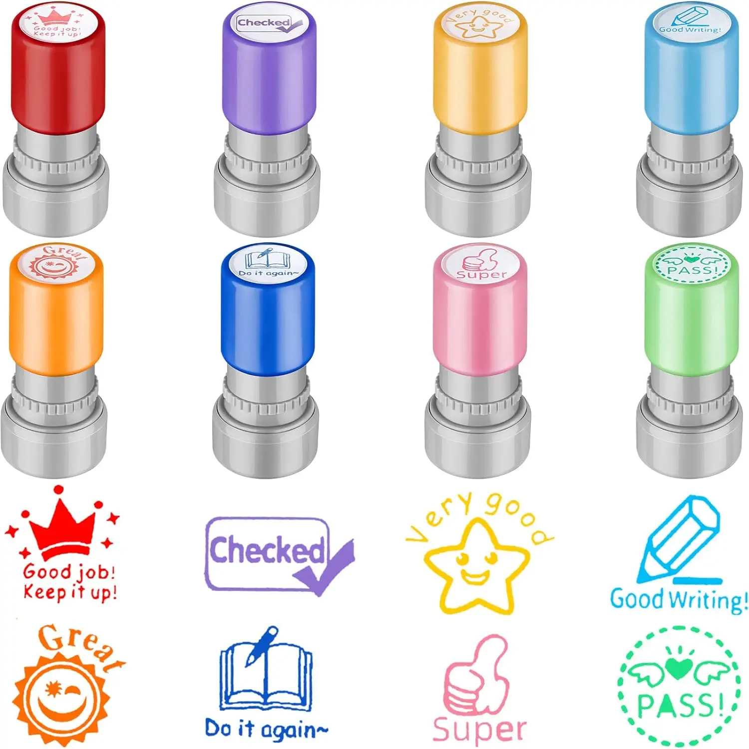 8-Pack Teacher Stamps Self-Refilling Ink Teacher Stamp Set Picture Stamps Motivational Color Supplies Hom