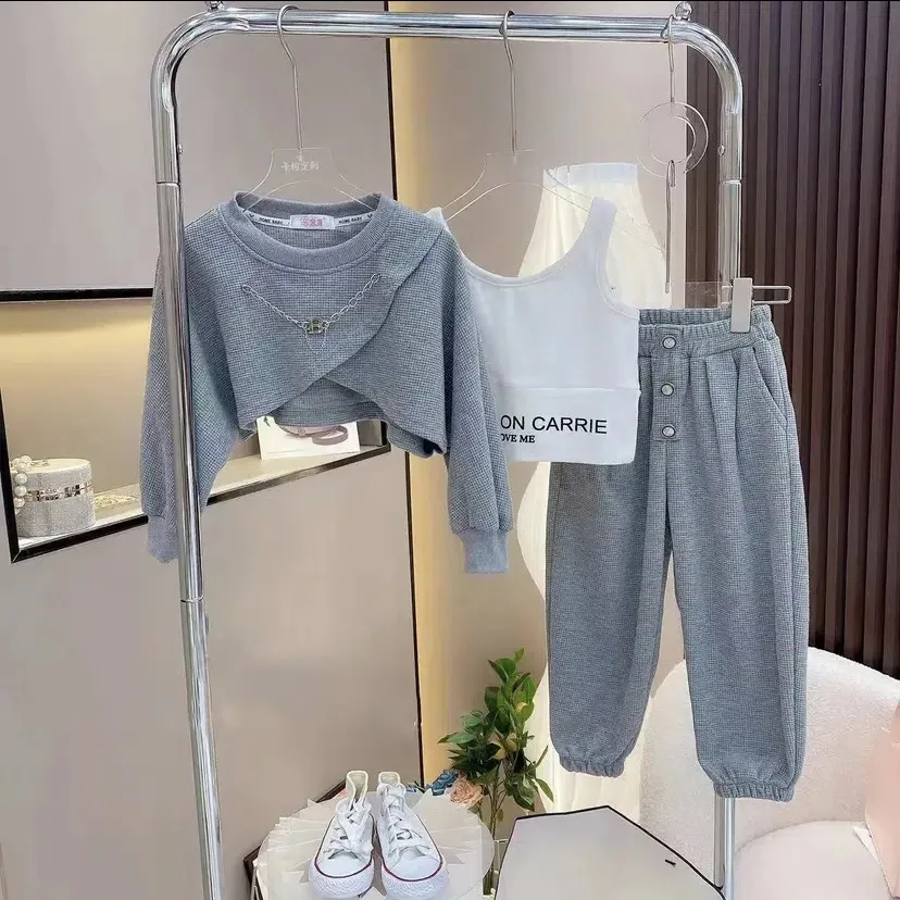 Spring Autumn Baby Girls Plain Waffle Crop Sweatshirt + Sweatpant + Alphabet Tee Tops Sets Kids Tracksuit Child 3PCS Outfit 1-12 Yrs