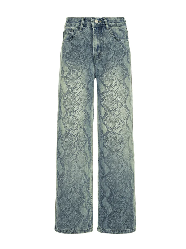 Romore High Street Lazy Snake Print Loose Wide Leg Pants Waed Denim Long Trousers Loose Fit l Waist Spring Summer Blue