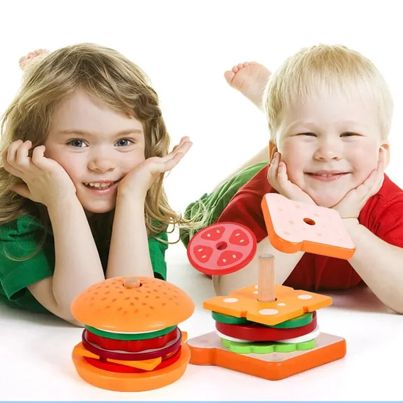 Wooden Kitchen Toy Hamburger Sandwich Simulation Food Making Set Toys Children's Wooden Stacked Food Toy