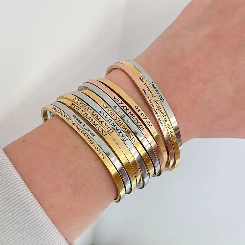 

18k Custom Engraved Bracelet Numeral Name Message Bangle Titanium Steel Gold Silver Adjustable Women's Cuff Mother's Day Gift
