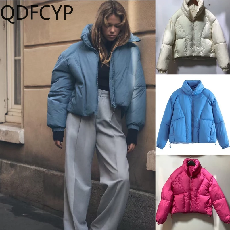 

2023 Women's Coats Autumn Winter New Fashion Simplicity Blue Loose Warm Thickened Jacket Top Stand Collar Versatile Solid Parkas