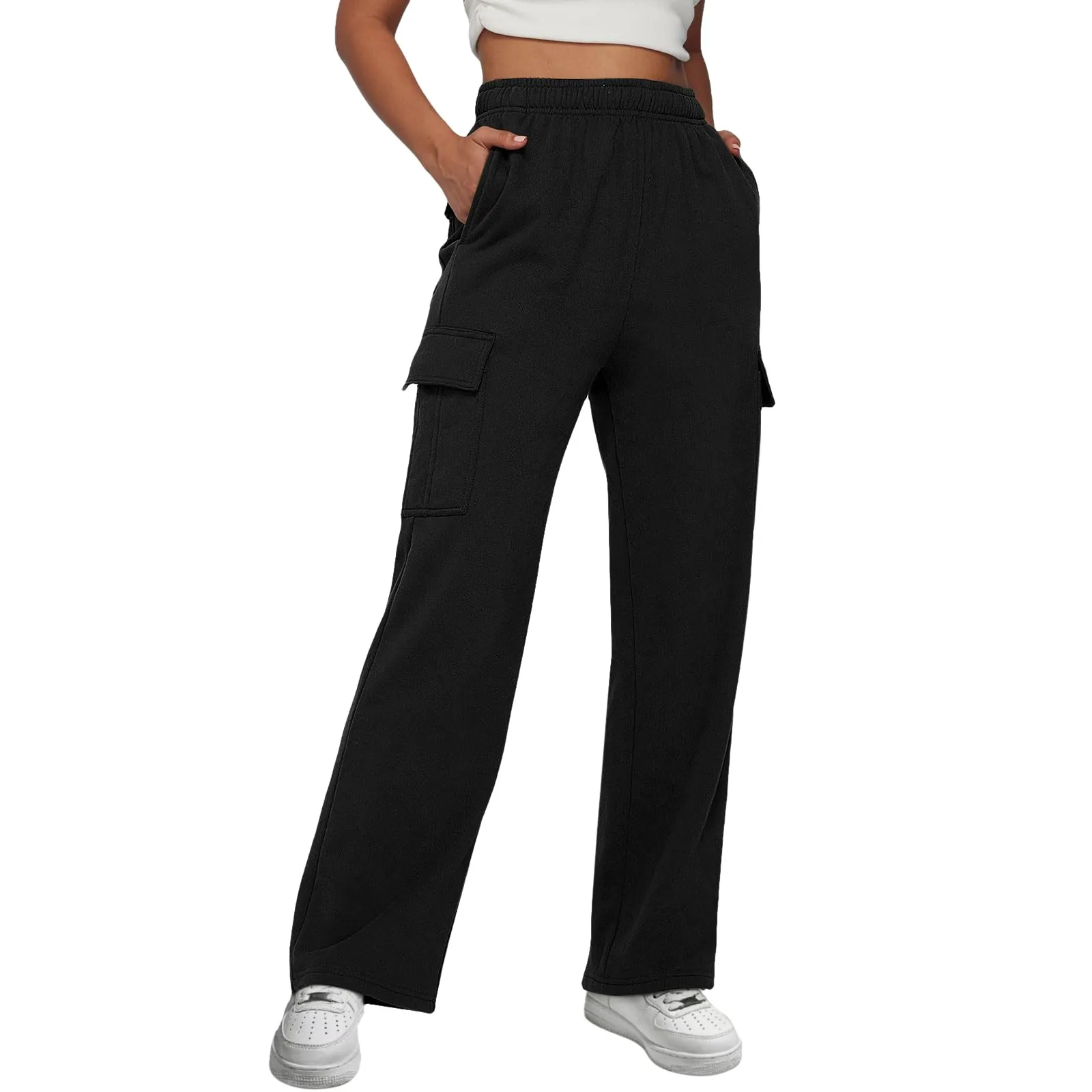 Women's Daily Outdoor Elastic Waist Multiple Pockets Casual Trousers Solid Color Fashionable Straight Leg Cargo Pants For Women