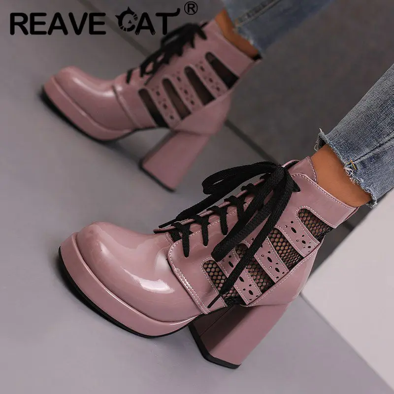 

Женские ботинки на квадратном каблуке REAVE CAT, летние повседневные ботинки больших размеров 42, 43 со шнуровкой и блочным каблуком