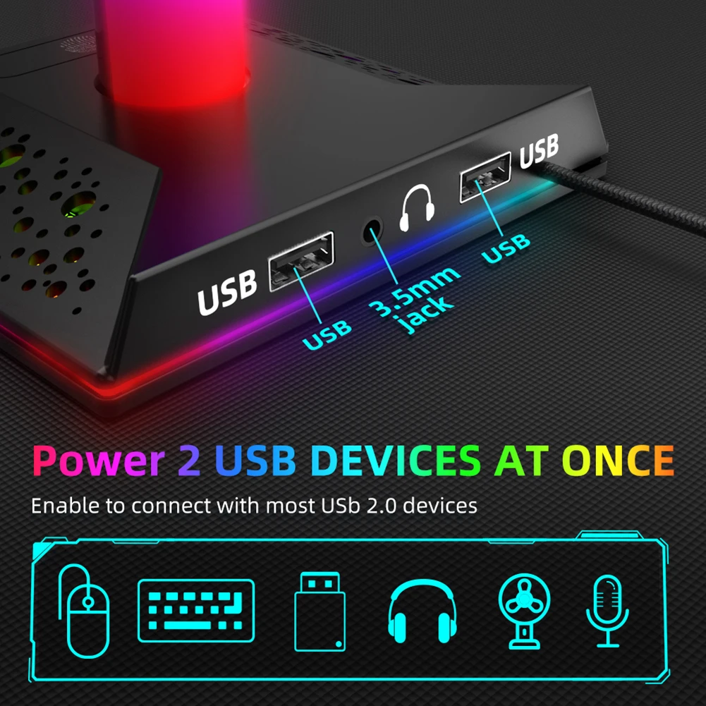 Support pour casque de jeu RGB, double Port USB 3.5mm, contrôle