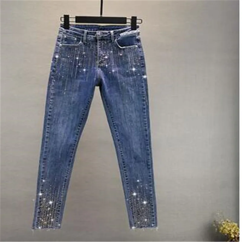 

Women Slim High Waisted Strench Diamonds Jeans Woman Vintage Streetwear Casual Elastic Pencil Denim Pants Trousers Pantalones