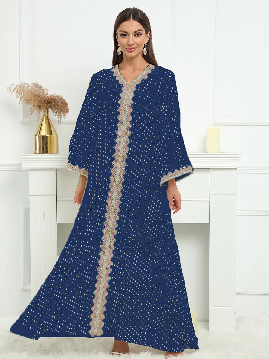 Elegant Dress For Muslim Women Lace Tape Embroidery Button V-Neck Long Sleeve Party Robe Moroccan Arabic Dresses