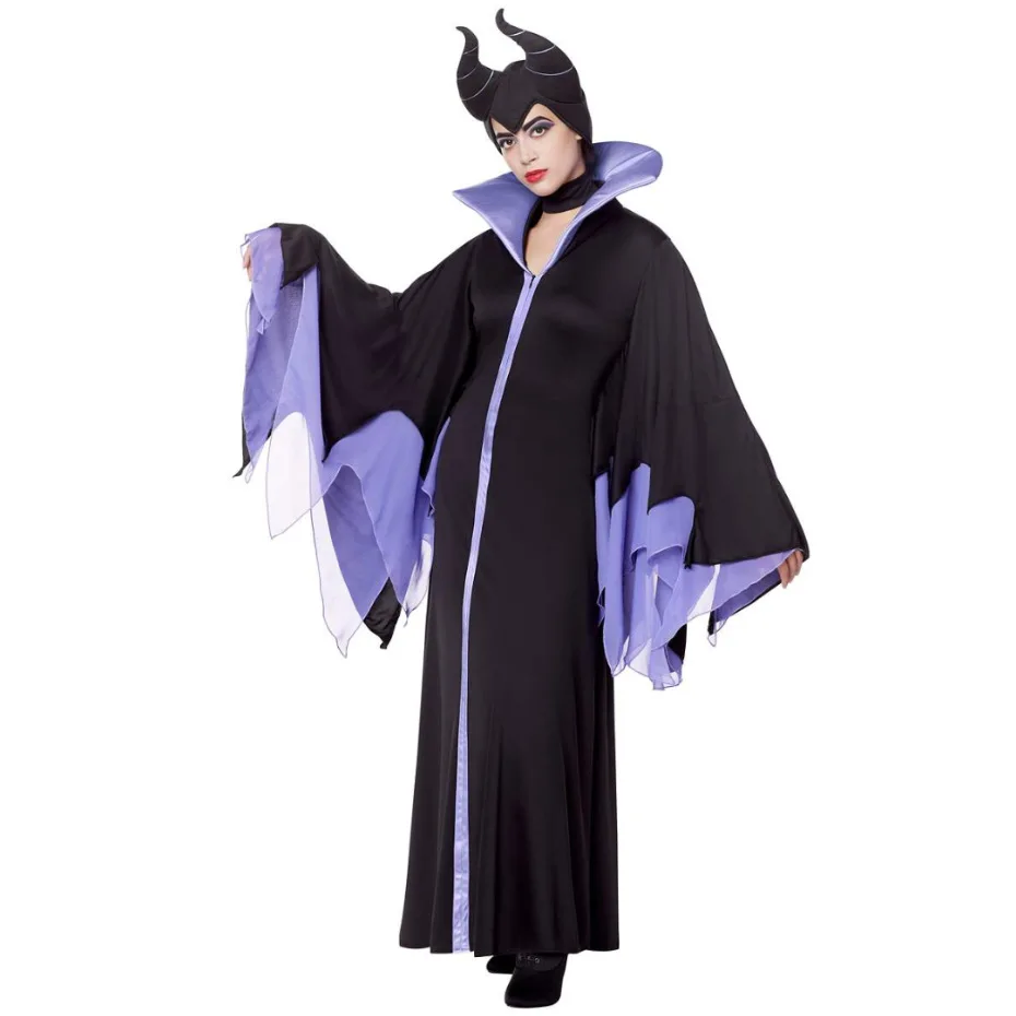 Strega Maleficent Sleeping Beauty Costume Cosplay Donne Adulte Costumi Hallowen Evil Black Dress Corno Cappello Outfit Cappello Casco Cappuccio