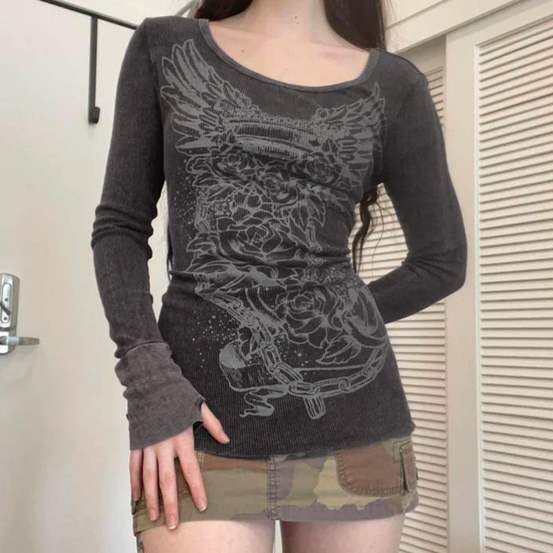 Xingqing 2000s Graphic T Shirt Vintage Fairy Grunge Floral Wings Print Long Sleeve Tops y2k Women Clothes Basic Harajuku Tee 3