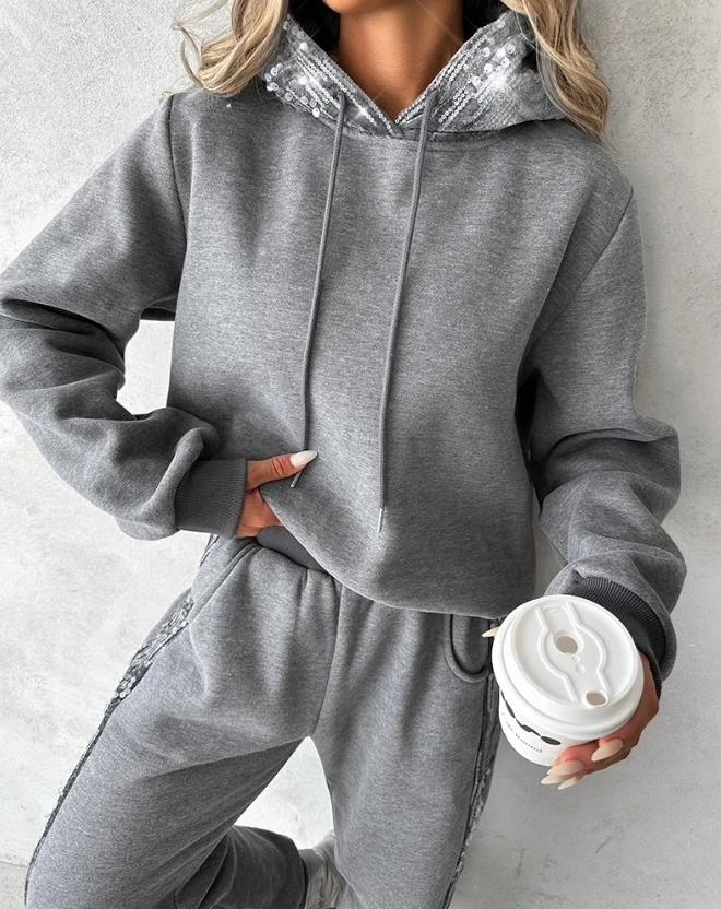 Sports Pants Set Women's New 2023 Fashion Hot Selling Casual Contrast Sequin Hooded Sweatshirt and Pocket Design Pants women s new 2023 hot selling casual fashion zipper design elastic waist pullover pants in stock