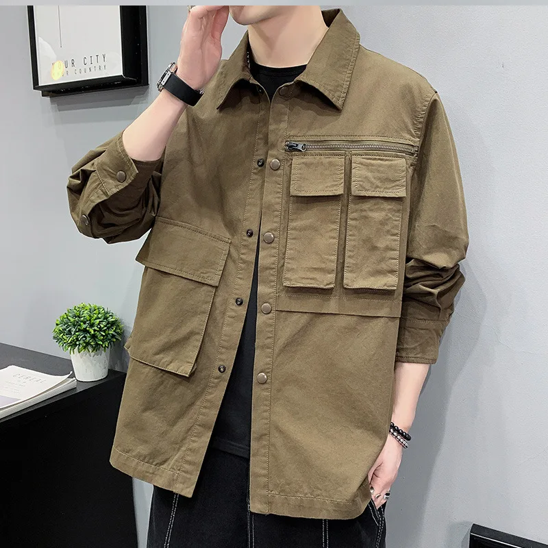 

Men Khaki Cargo Jackets Thin Fashion Bomber Coats Long Sleeve Button Up Tops Handsome Teens Outwear Harajuku Hongkong Style