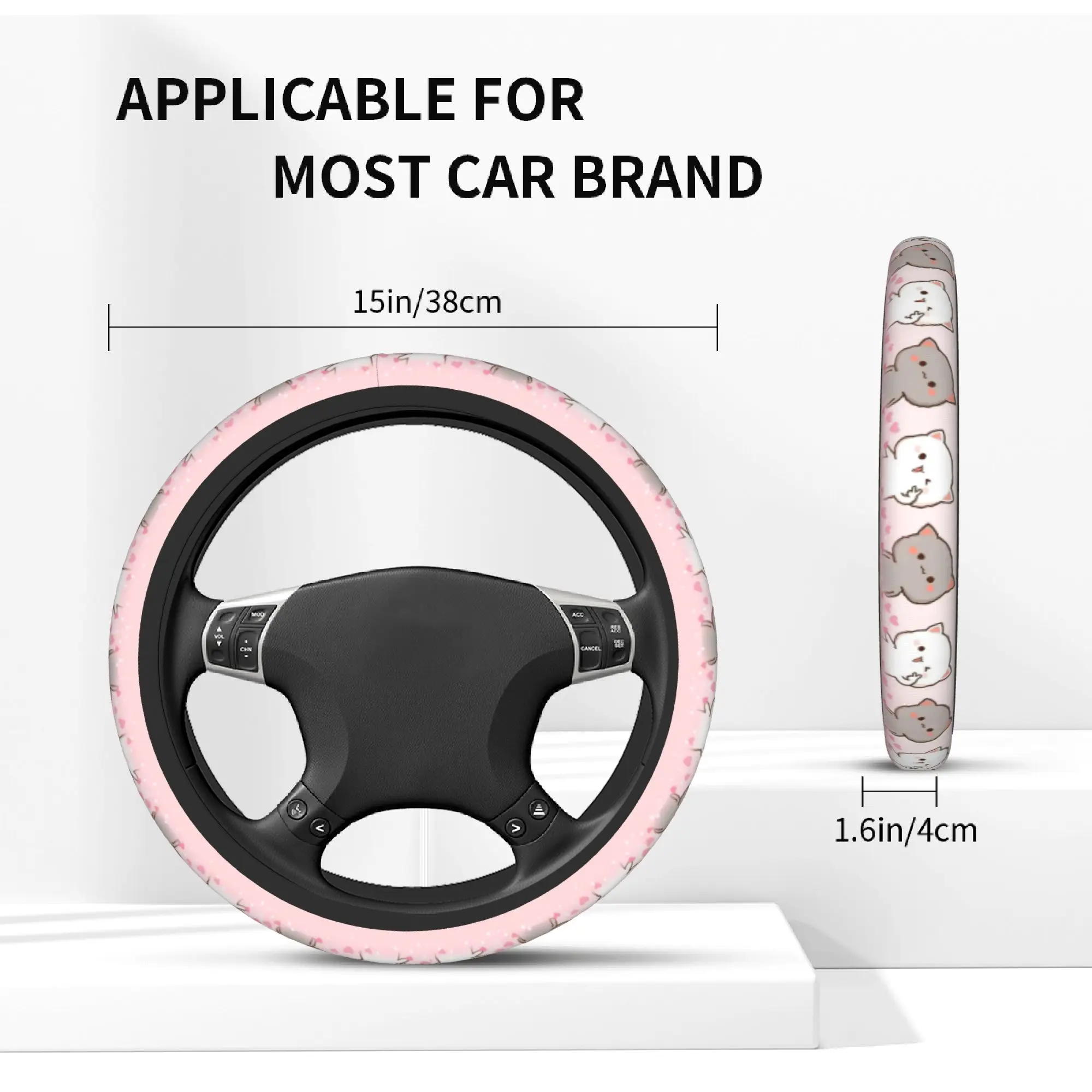 Pink Love Peach & Cartoon Cat Steering Wheel Cover - Auto Car Accessory