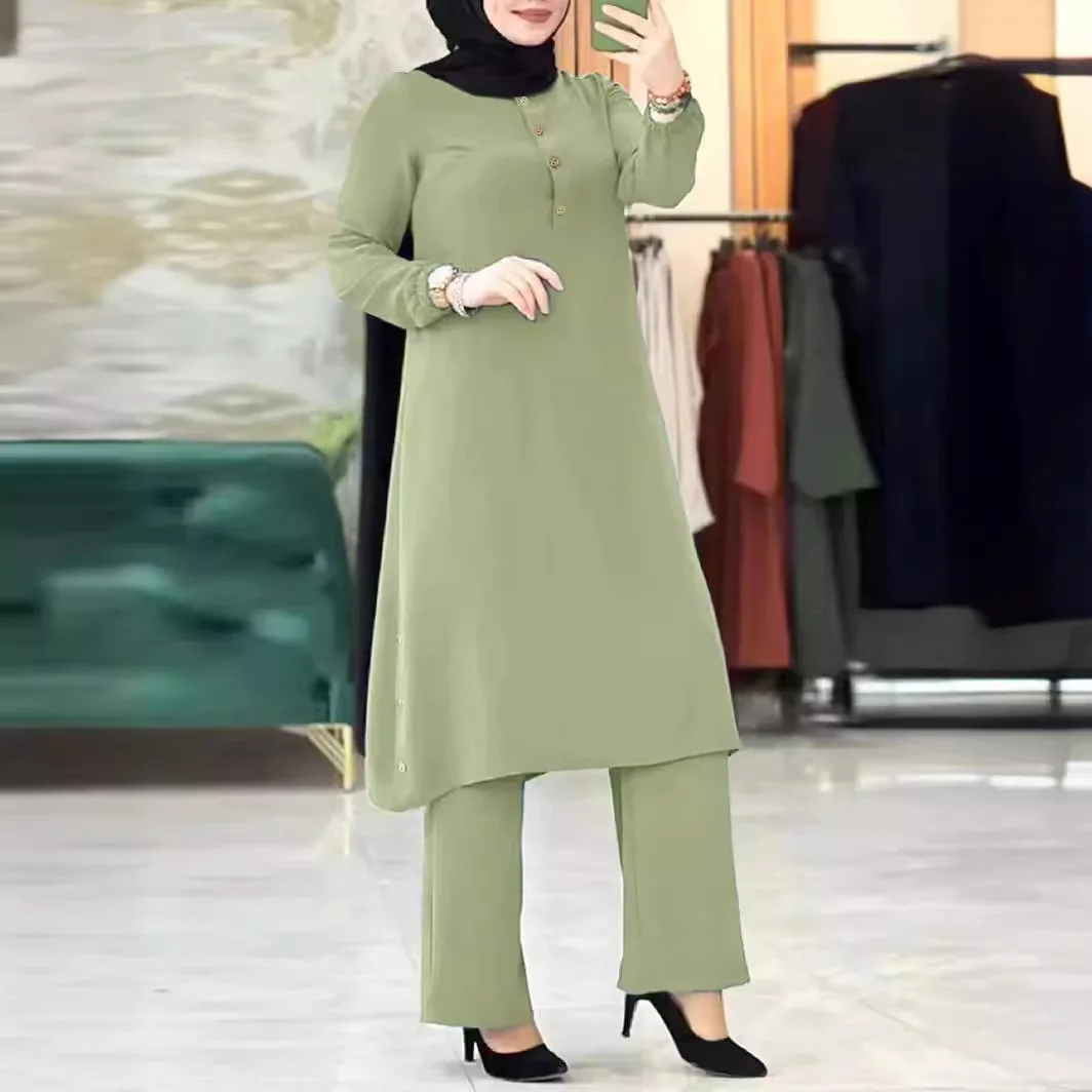 Women's Muslim Two Piece Set Fashion Elegant Solid Colour Irregular Long Shirt Top Wide Leg Pants Robe Abaya Muslim Woman Dubai 4