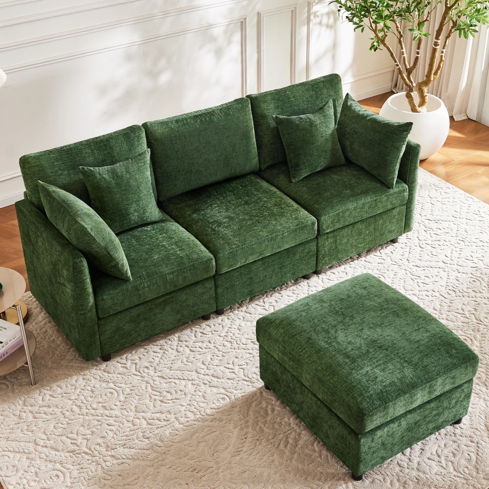 PINGGO Grünes L-förmiges Ecksofa 3-Sitzer Konvertierbar Modular mit Beweglichem Hocker 4 Chenille-Kissen für Wohnzimmer Büro – Detail 8