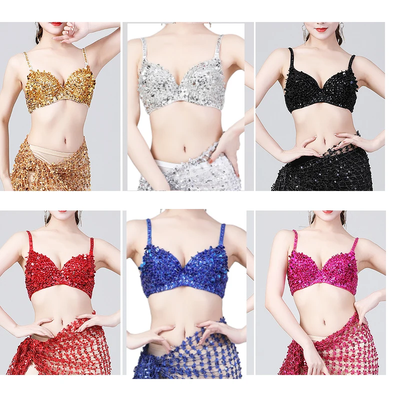 Women Belly Dance Top Bra Girls Sexy Push Up Sequins Tassel Bra Belly  Dancing Performance Wear Night Club Clothes Cup B