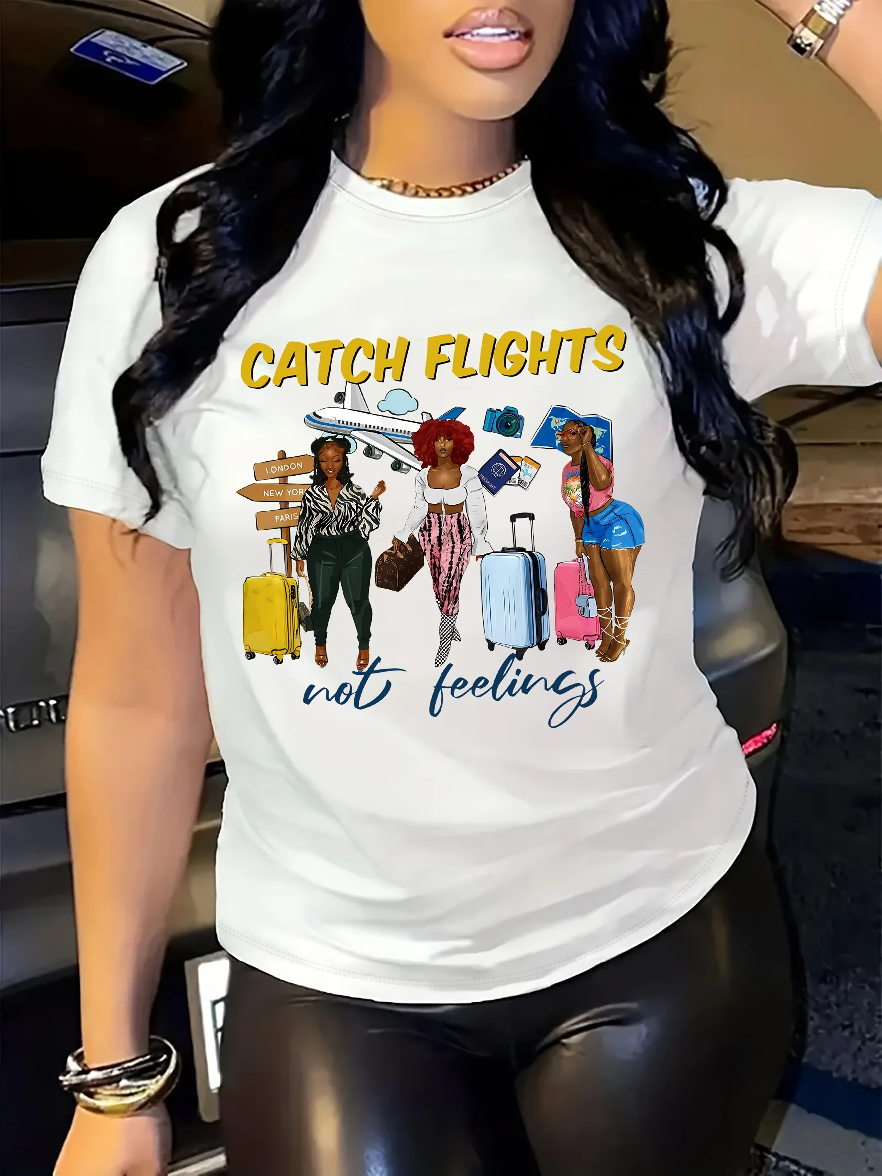 

Flights Print Crew Neck T-Shirt, Casual Short Sleeve Top for Spring & Summer, Women's Clothing