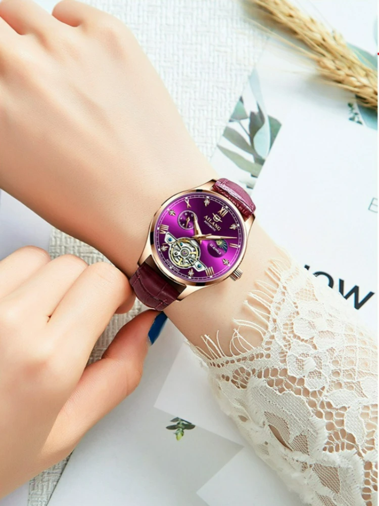 AILANG Tourbillon Automatikuhr für Damen, leuchtende, wasserdichte Skelett-Mechanische Armbanduhr, modische, elegante Uhr als Geschenk – Detail 5