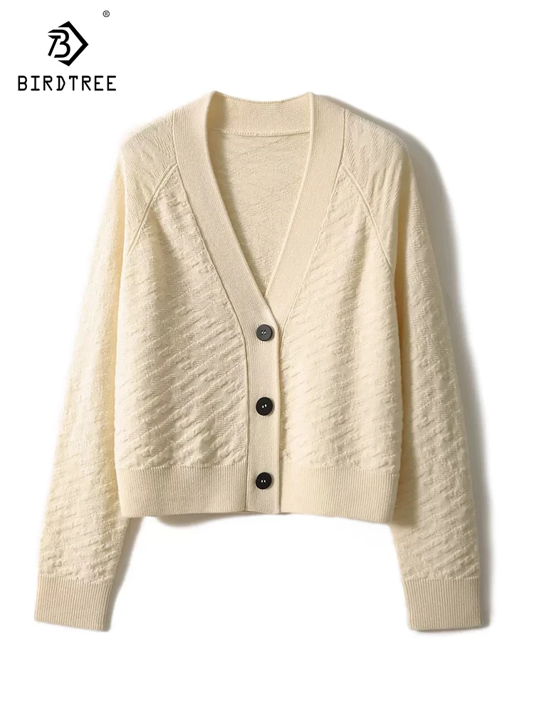 

BirdTree 100%Sheep Wool Knitted Cardigan, Women V-neck Long Sleeve, Elegant Simplicity Solid Sweater, 2024 Spring New T41839QC