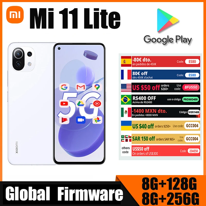Смартфон Xiaomi mi 11 Lite, сотовые телефоны с Полноразмерным экраном 90 Гц, стандартный AMOLED-дисплей, Snapdragon 780G, 64 мп