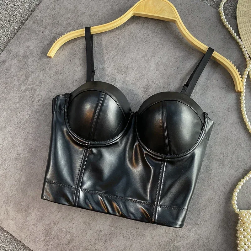 Spaghetti Strap Sexy Tanks Camis for Women Solid Colours Leather Pu Femme Croset Crop Tops with Built In Bras Chic Tank Camisole women camisole tops,sport tank tops