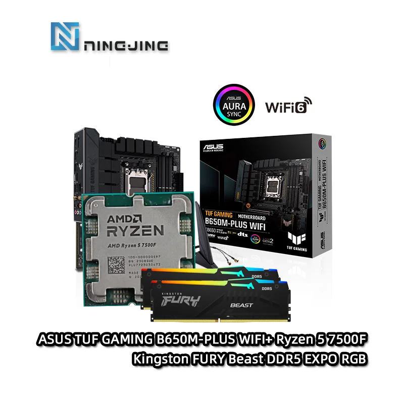 AMD R5 7500F CPU + ASUS TUF GAMING B650M 플러스 와이파이 마더보드 + 킹스톤 퓨리 비스트 DDR5 32G (16G * 2) 5600MHz EXPO RGB RAM 수트