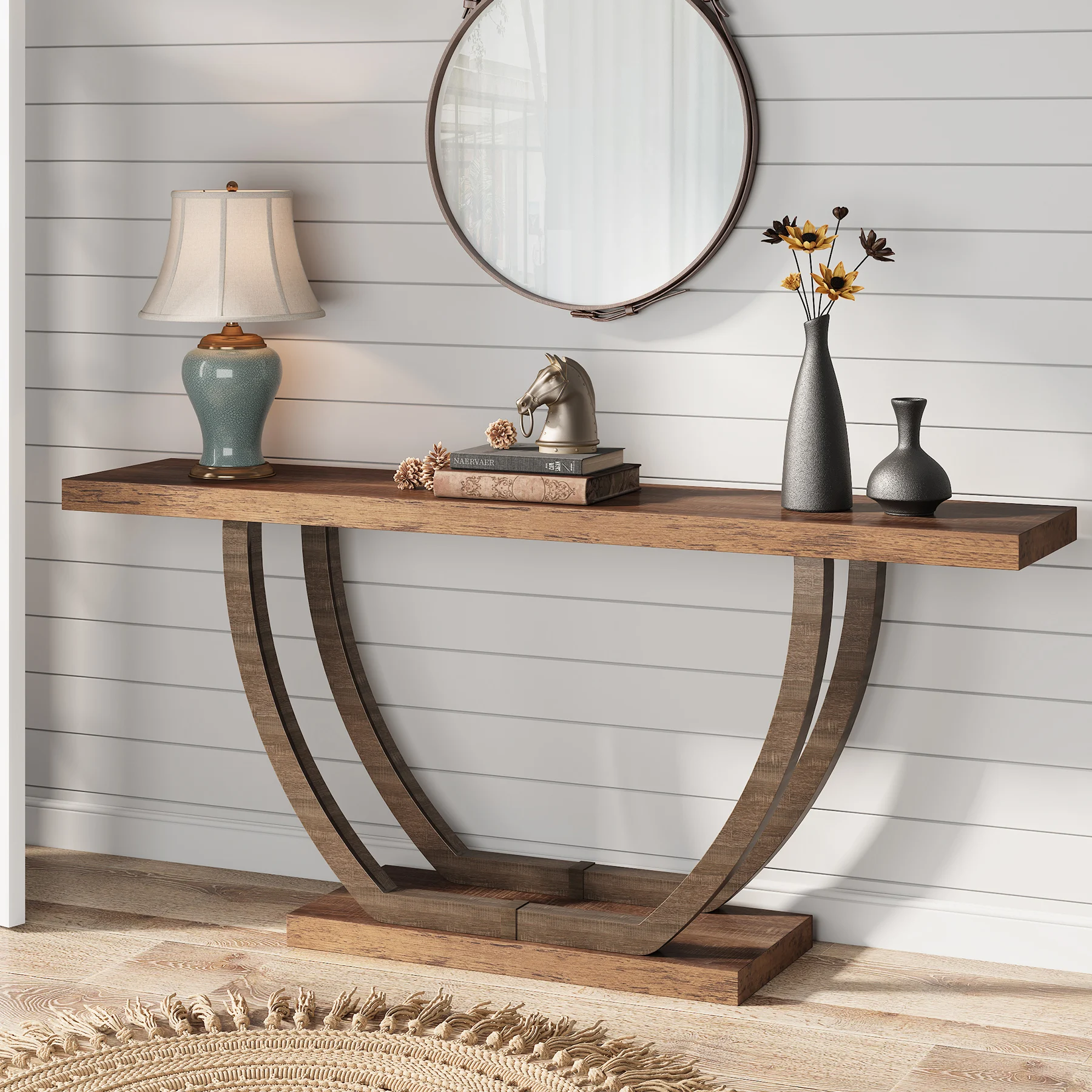 Description Picture 3 of itemTribesigns 63-Inch Skinny Console Table with Geometric Base 2-Tier Farmhouse Sofa Table Narrow Long, Behind Couch Table