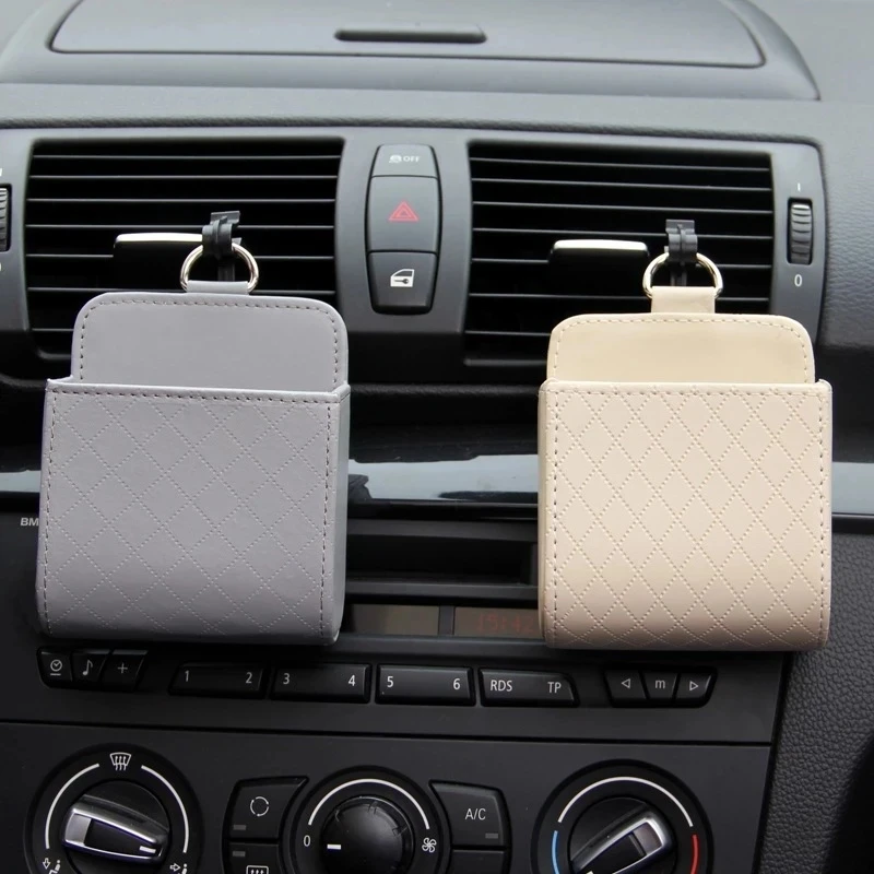 Car Storage Bag Car Accessories Air Vent Dashboard Tidy Hanging PU Leather Organizer Box Glasses Phone Holder Storage Organize