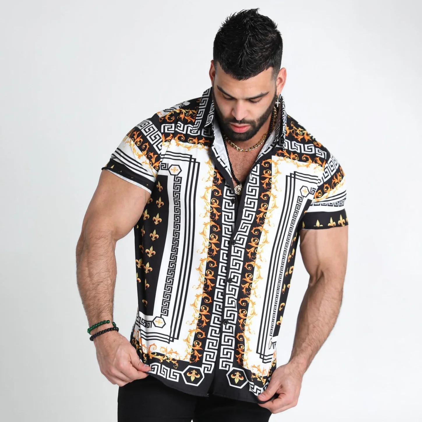 Mens ethnic style printed striped stand collar short sleeve loose henley shirts Clearance