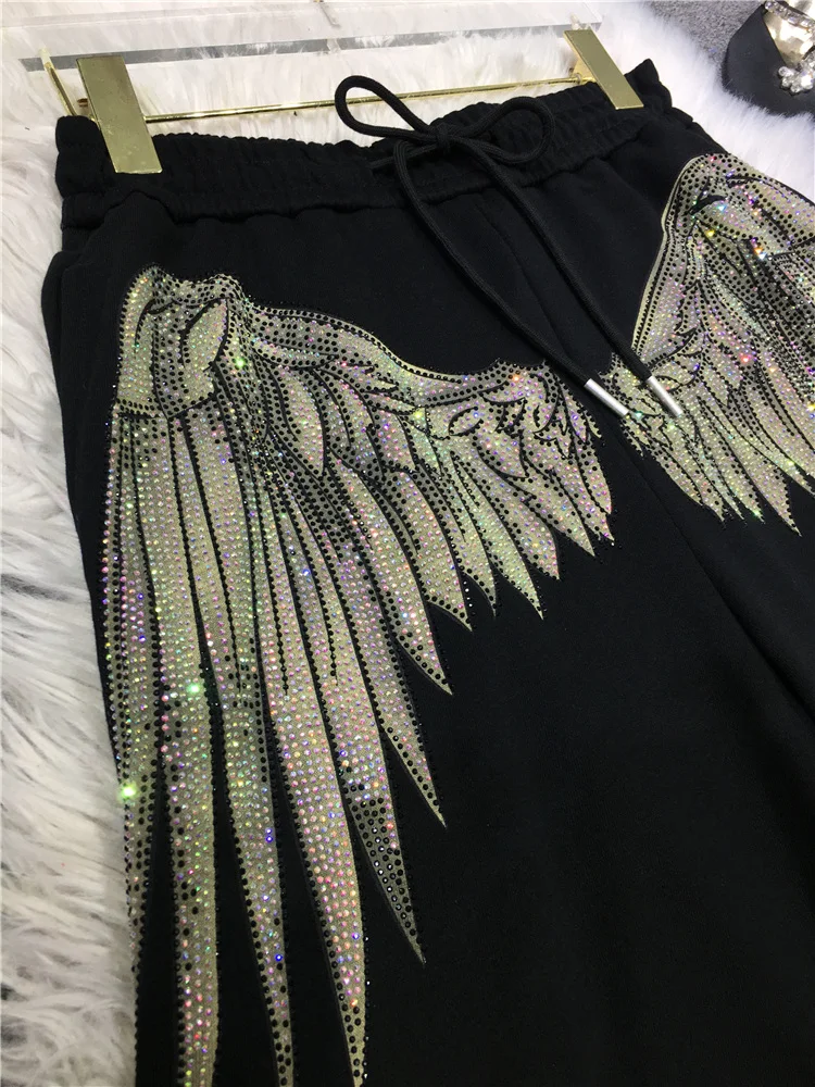 Luxury Big Wings Hot Drilling Knee-length Pants for Men/woman Drawstring Elastic High Waist Loose A-line Wide Leg Shorts Trendy