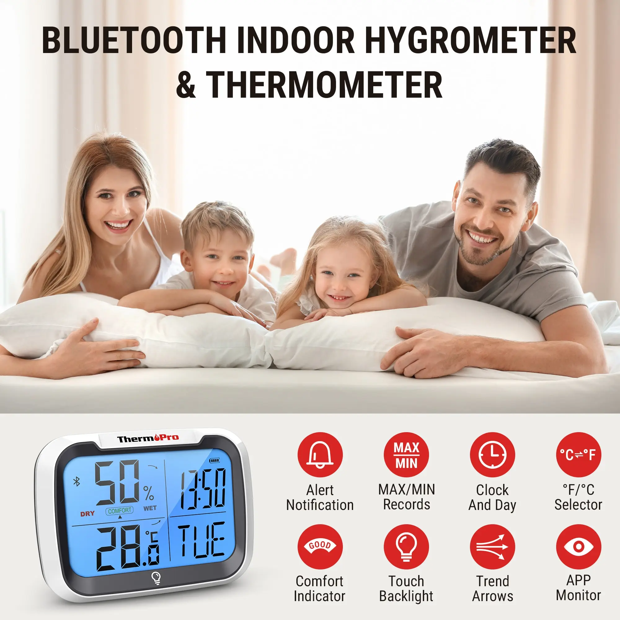 ThermoPro TP393 백라이트 80M 무선 블루투스 가정용 디지털 온도계 습도계 앱 모니터 기상 관측소