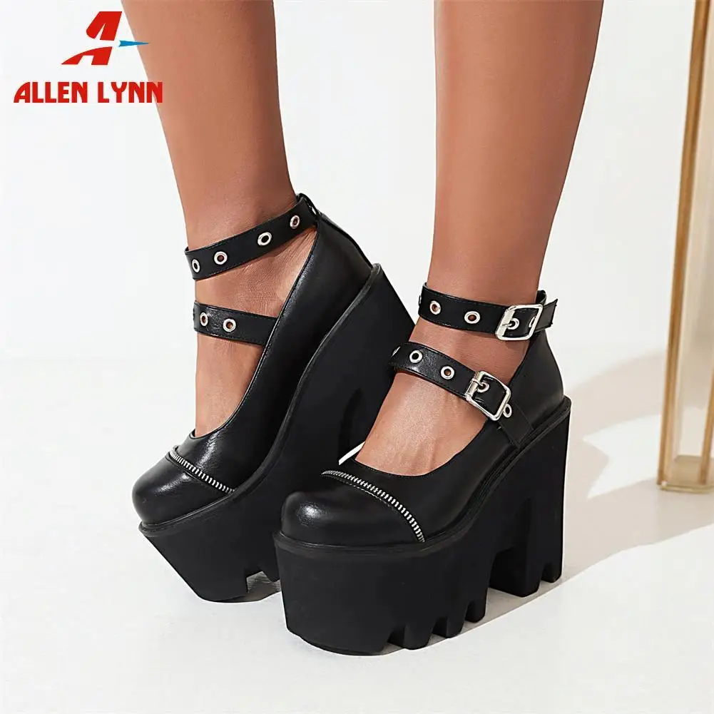 

ALLENLYNN Plus Size 44 Ladies Fashion Buckle Strap Pumps Fashion Platform Chunky High Heels Pumps Women Party Office Shoes Woman
