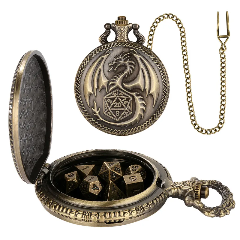 Bronze Dragon Taschenuhrengehäuse, FOB-Kette mit 7 x polyedrischen Metallwürfeln mit Unterhaltungs-Rollenspielwürfeln – Detail 2