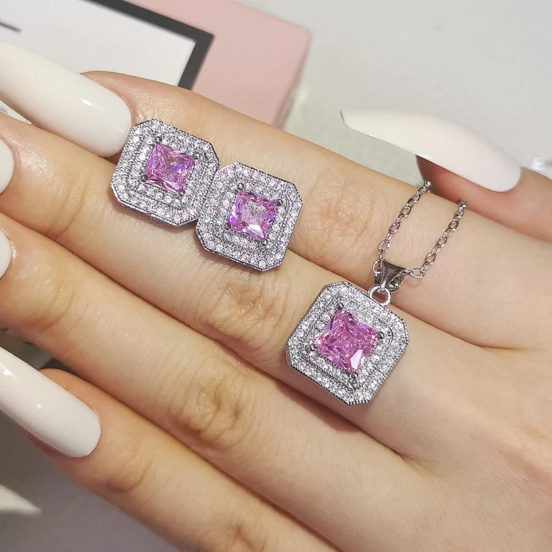 Pink Silver Color India Dubai Jewelry Set Princess Cut Zircon Stud Earrings and Necklace Pendant Wedding Gifts J1400