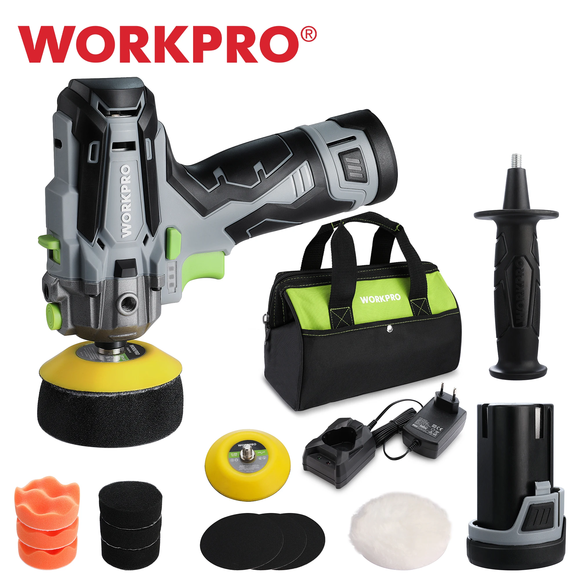 WORKPRO 12V Cordless Polisher 3" Mini Car Detailing Buffer & Sander