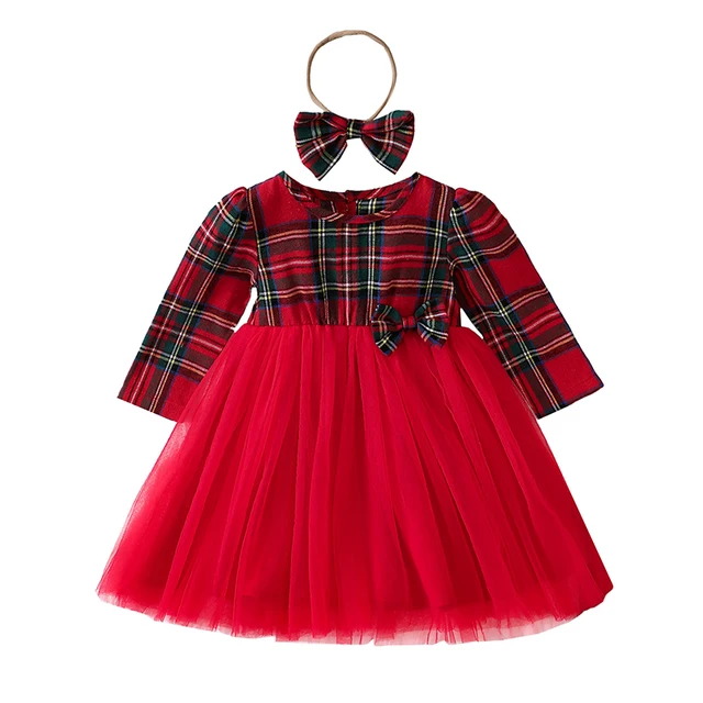 Rot Kariertes Langarm Kleid mit Tüll & Haarreifen