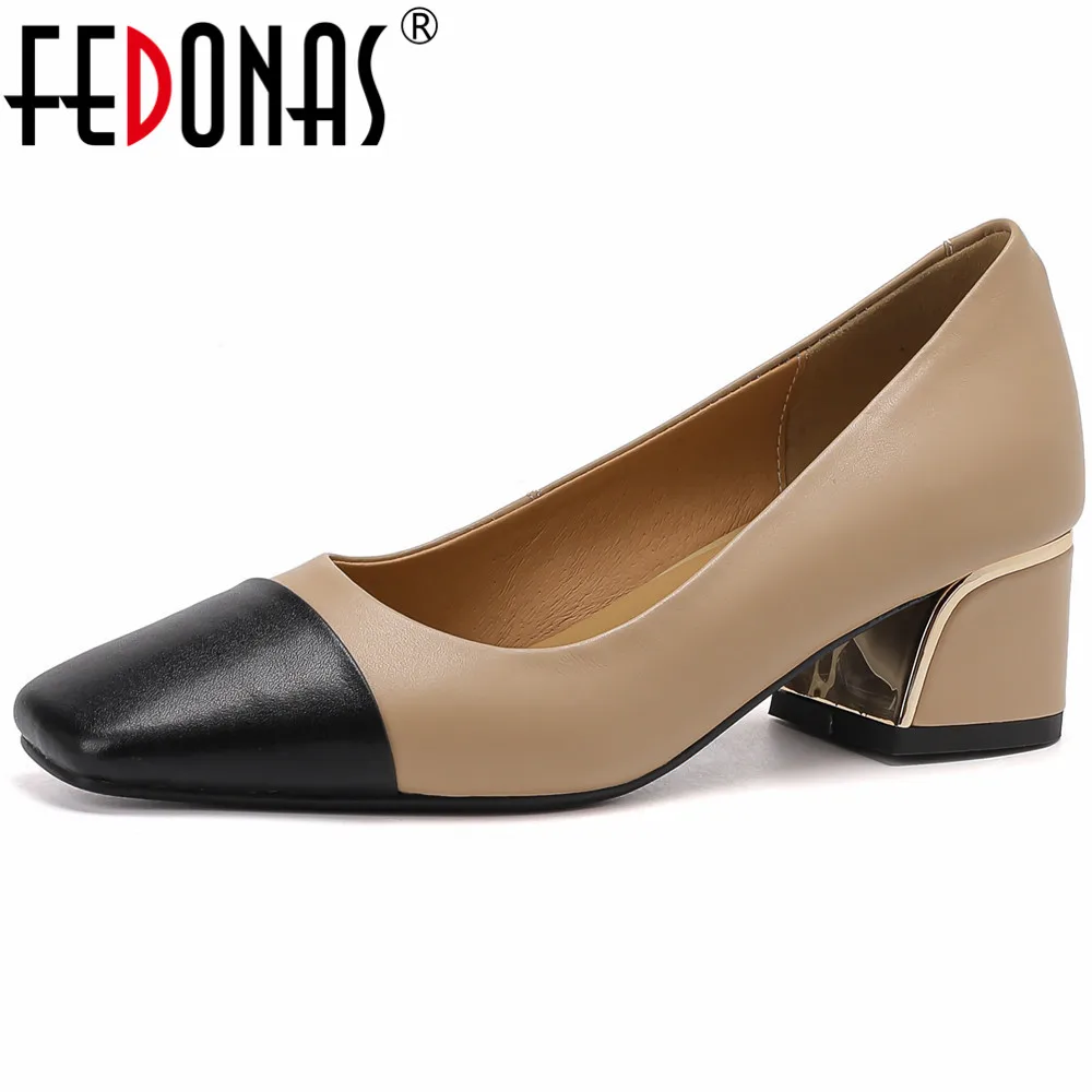 

FEDONAS Classic Basic Women Pumps Thick Heels Square Toe Spring Summer Mixed Colors Genuine Leather Office Lady Shoes Woman 2024