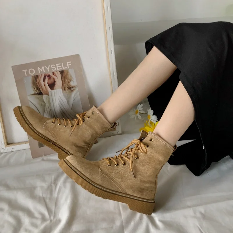 Platform Boots for Woman Spring Autumn 2022 Fashion Retro Flock Ankle Riding Equestrian Square Heel Lace-up Shoes Women Boots