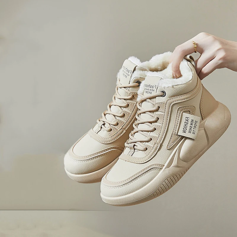 

CRLAYDK Women's High Top Platform Sneakers Fur Lined Warm Tennis Winter Lace Up Ankle Booties Soft PU Leather Fashion Shoes