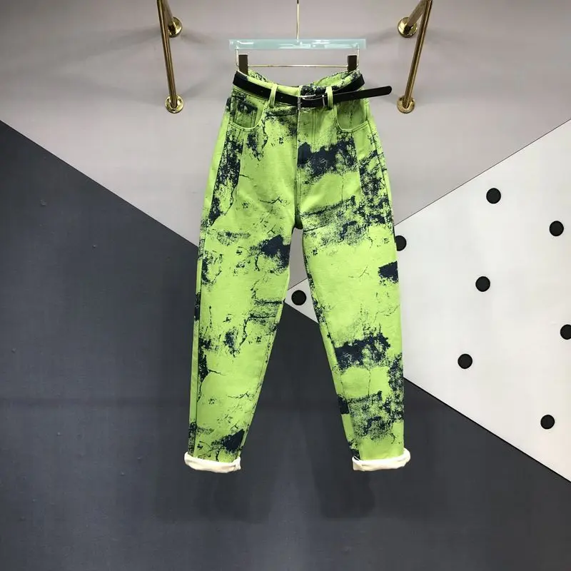 Personality Tie-dye Green Jeans for Women 2023 New Spring Summer High Waist Loose Harem Pants Casual Ankle-length Denim Trousers